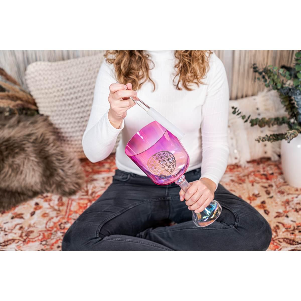 SONIC ENERGY CSC6FPFOL CALICE DA CANTO IN CRISTALLO DA 6", NOTA F4, ROSA, CHAKRA DEL CUORE, FIORE DELLA VITA