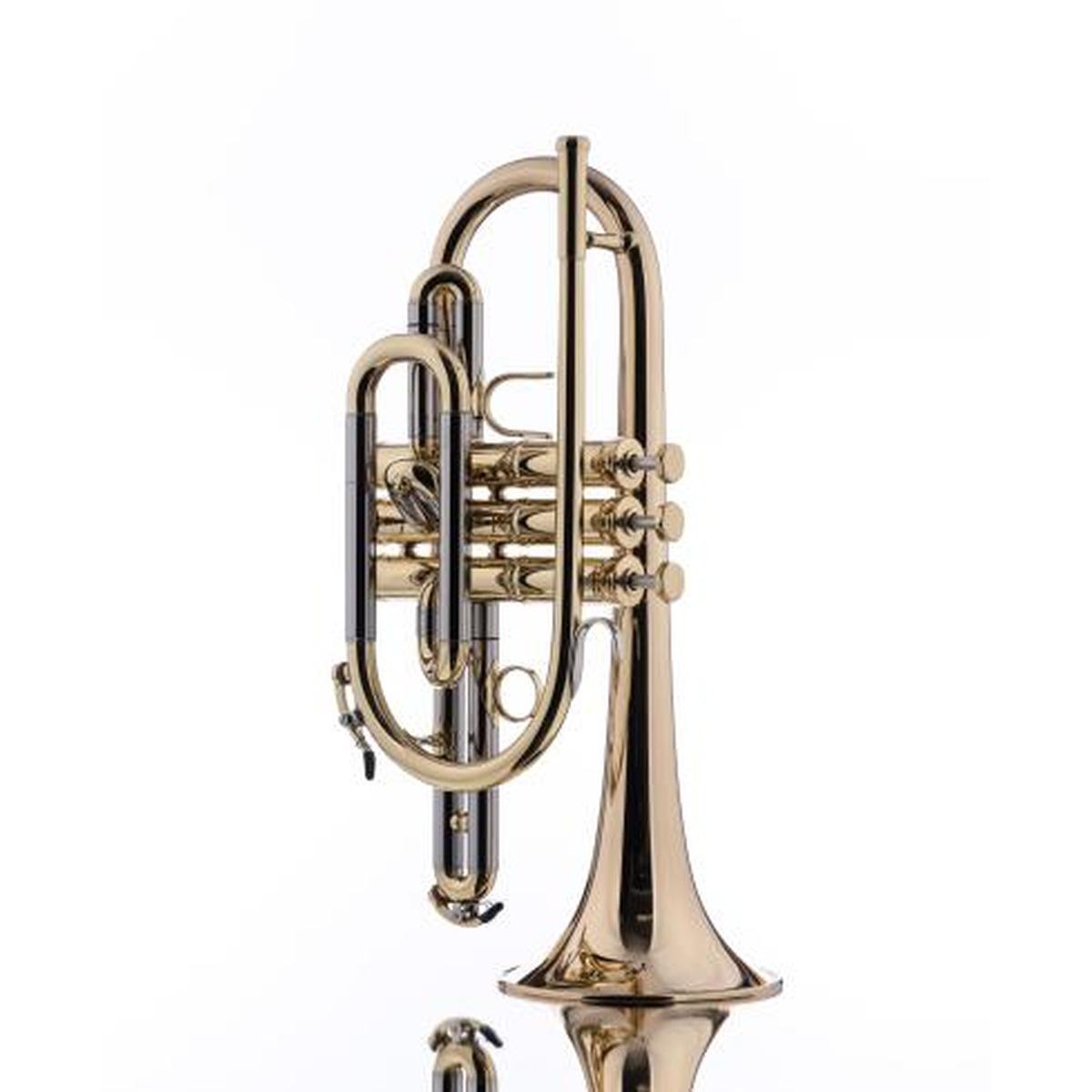 SCHAGERL 1961 CORNETTE Bb CAMPANA GOLDBRASS, YB LEADPIPE & MAIN. SLIDE,LAQUERED